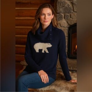 Talbots Lambswool Rabbit Hair Blend Polar Bear Instarsia Button Collar Sweater